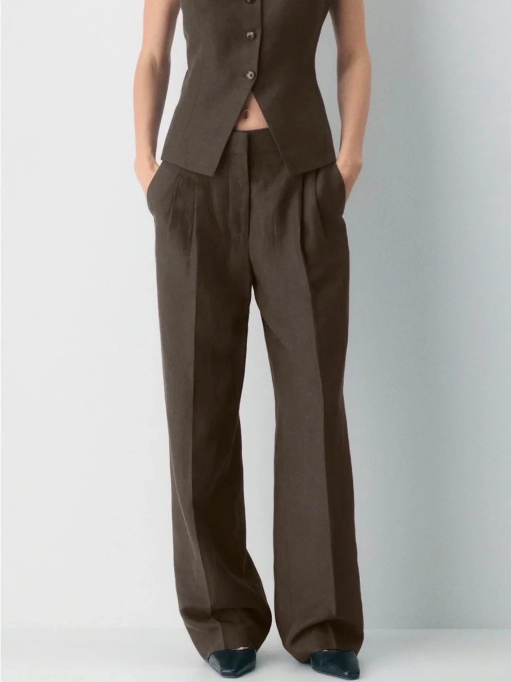Aritzia Brown Wide-Leg Pleated Trousers